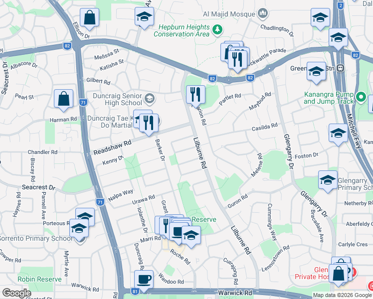 map of restaurants, bars, coffee shops, grocery stores, and more near Edna Way in Duncraig