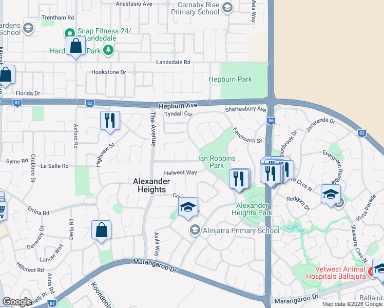 map of restaurants, bars, coffee shops, grocery stores, and more near 4B Cradle Close in Alexander Heights