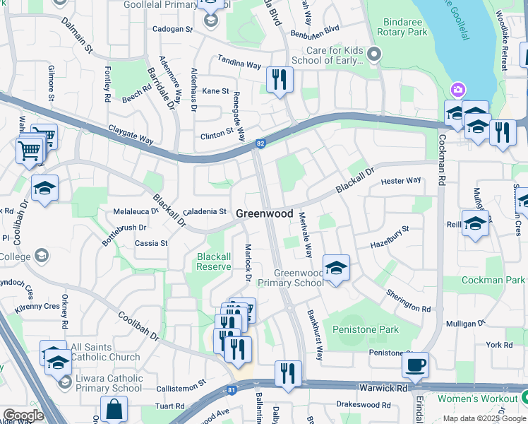 map of restaurants, bars, coffee shops, grocery stores, and more near Blackall Drive in Greenwood