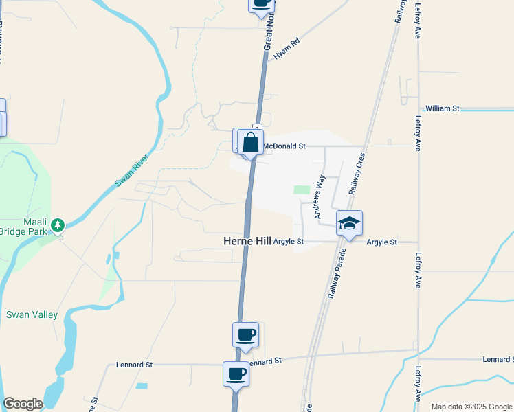 map of restaurants, bars, coffee shops, grocery stores, and more near 752 Great Northern Highway in Herne Hill