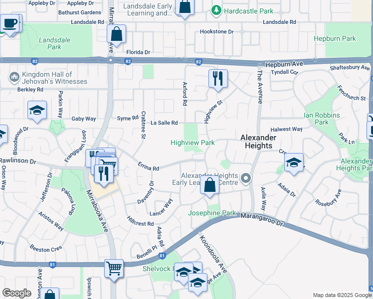 map of restaurants, bars, coffee shops, grocery stores, and more near 7 Highview Street in Alexander Heights