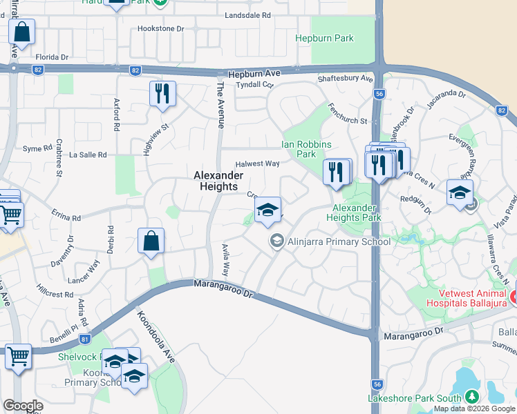 map of restaurants, bars, coffee shops, grocery stores, and more near 80 Avila Way in Alexander Heights