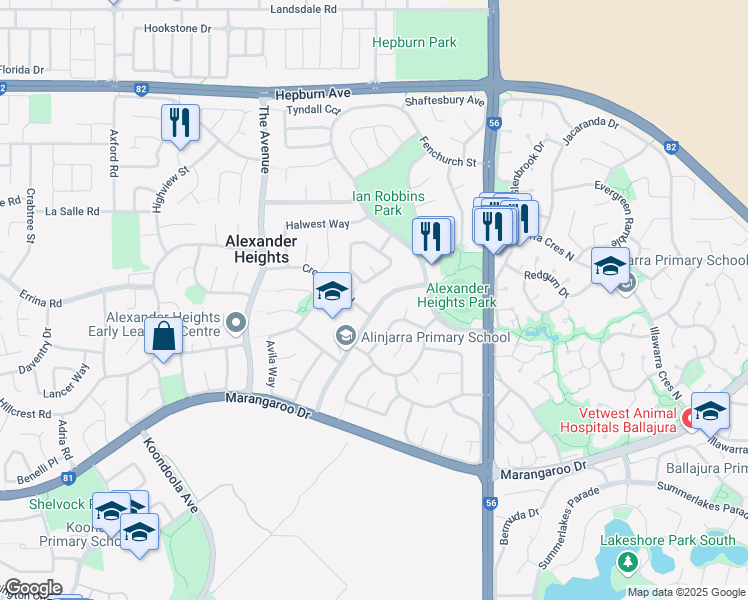 map of restaurants, bars, coffee shops, grocery stores, and more near 47 Northumberland Avenue in Alexander Heights