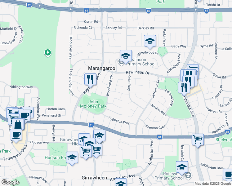 map of restaurants, bars, coffee shops, grocery stores, and more near 8 Synnot View in Marangaroo