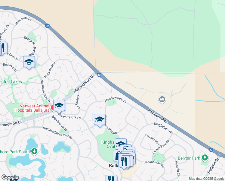 map of restaurants, bars, coffee shops, grocery stores, and more near 10 Flamingo Trail in Ballajura