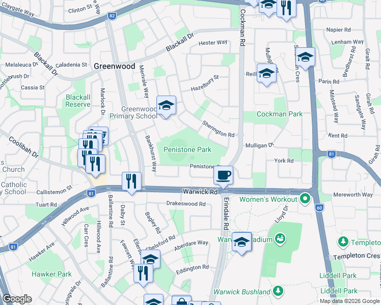 map of restaurants, bars, coffee shops, grocery stores, and more near 27 Penistone Street in Greenwood