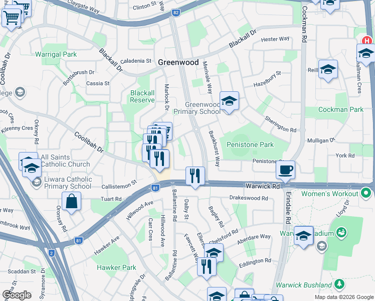map of restaurants, bars, coffee shops, grocery stores, and more near 58 Dericote Way in Greenwood