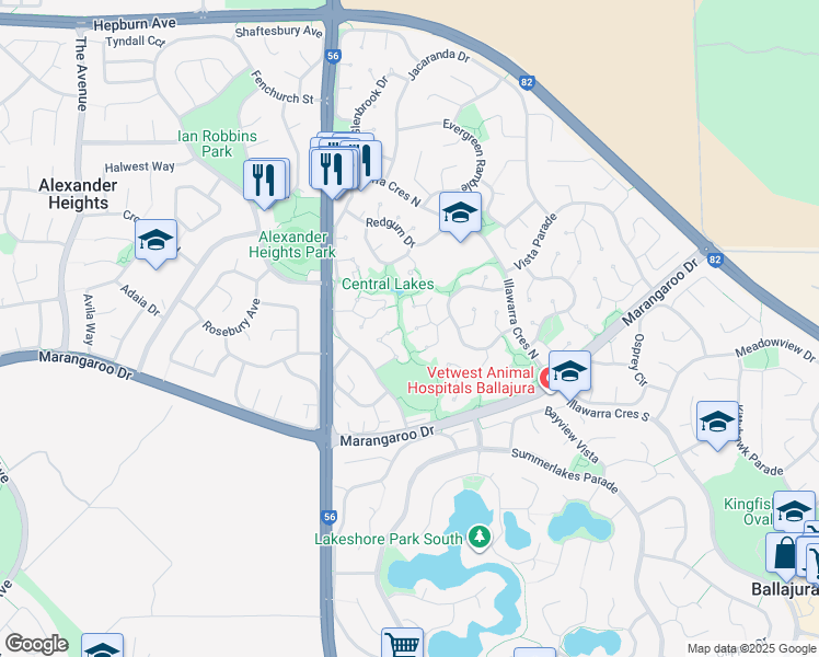 map of restaurants, bars, coffee shops, grocery stores, and more near 6 Conifer Close in Ballajura