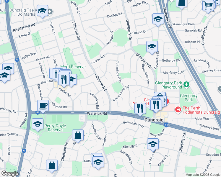 map of restaurants, bars, coffee shops, grocery stores, and more near 20 MacDougall Rise in Duncraig