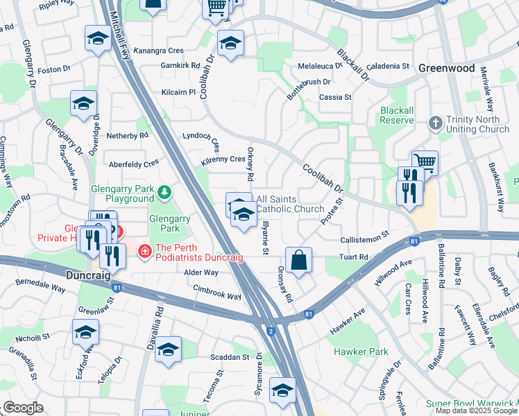 map of restaurants, bars, coffee shops, grocery stores, and more near 2 Verticordia Place in Greenwood