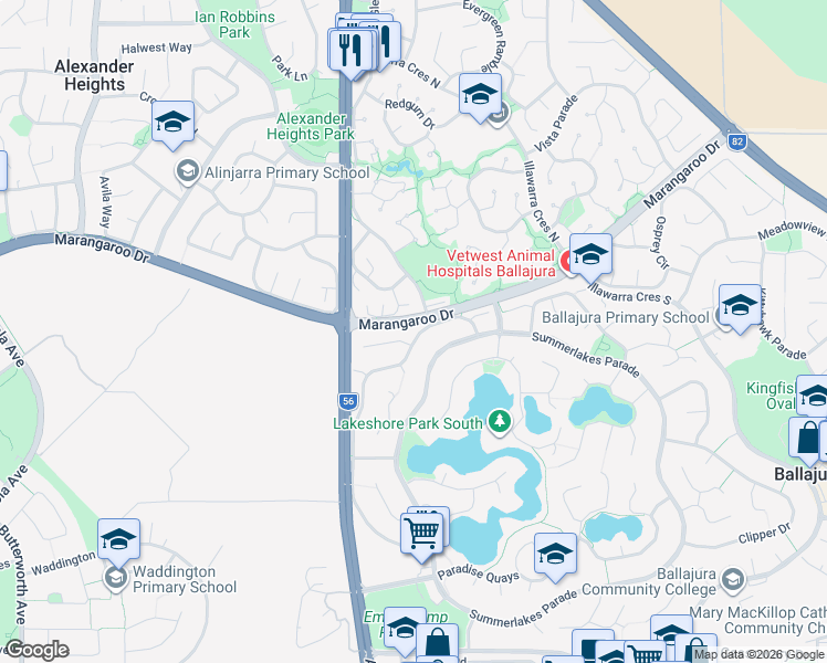 map of restaurants, bars, coffee shops, grocery stores, and more near 12A Bermuda Drive in Ballajura