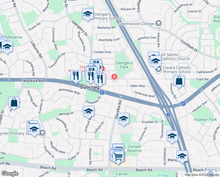 map of restaurants, bars, coffee shops, grocery stores, and more near 56 Alder Way in Duncraig