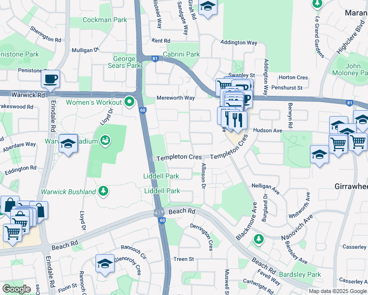 map of restaurants, bars, coffee shops, grocery stores, and more near 18 Greville Way in Girrawheen