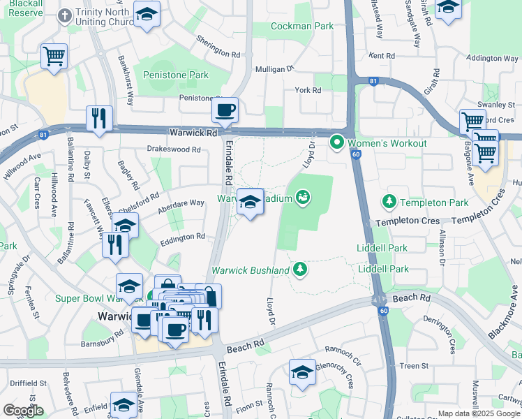 map of restaurants, bars, coffee shops, grocery stores, and more near 355 Erindale Road in Warwick
