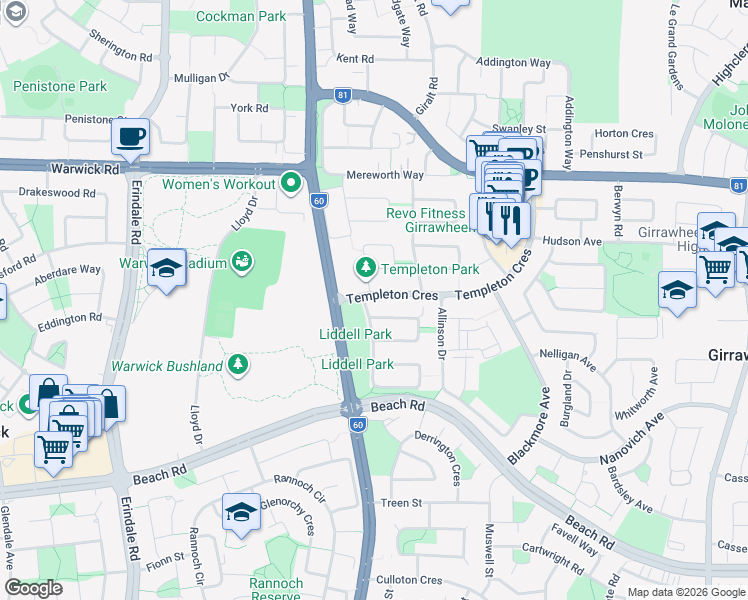 map of restaurants, bars, coffee shops, grocery stores, and more near 2B Templeton Crescent in Girrawheen