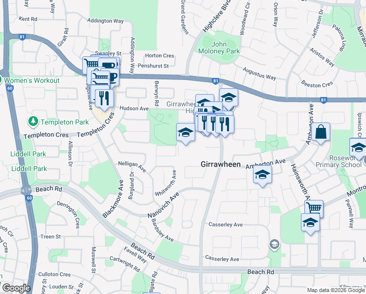 map of restaurants, bars, coffee shops, grocery stores, and more near 23 Arnos Way in Girrawheen