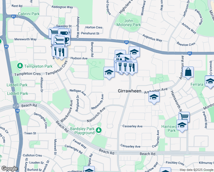 map of restaurants, bars, coffee shops, grocery stores, and more near 23 Arnos Way in Girrawheen