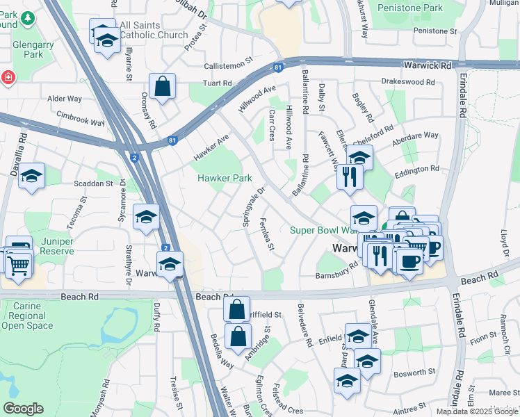map of restaurants, bars, coffee shops, grocery stores, and more near 37 Fernlea Street in Warwick