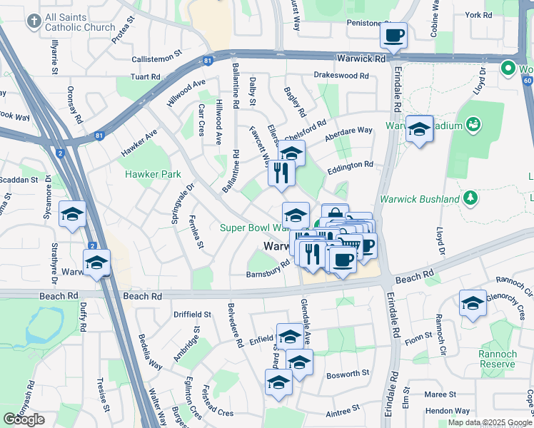 map of restaurants, bars, coffee shops, grocery stores, and more near Addison Way in Warwick