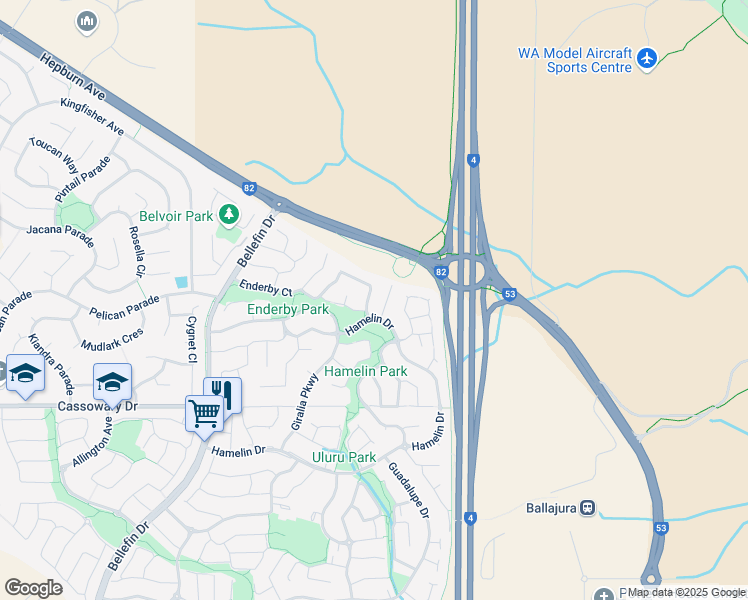 map of restaurants, bars, coffee shops, grocery stores, and more near 49 Yandal Crescent in Ballajura