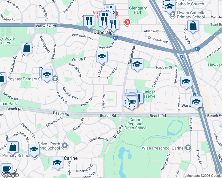 map of restaurants, bars, coffee shops, grocery stores, and more near 50 Halgania Way in Duncraig