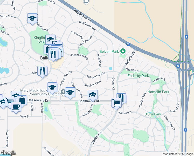 map of restaurants, bars, coffee shops, grocery stores, and more near 80 Pelican Parade in Ballajura