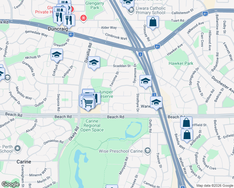 map of restaurants, bars, coffee shops, grocery stores, and more near 5 Tristania Rise in Duncraig