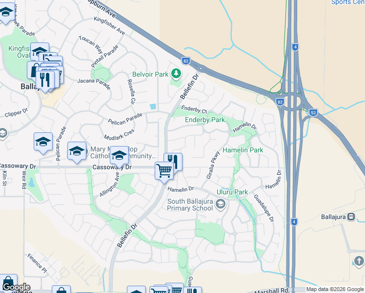map of restaurants, bars, coffee shops, grocery stores, and more near 30 Woodleigh Garden in Ballajura