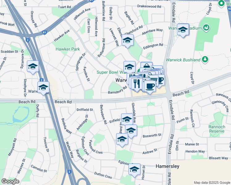 map of restaurants, bars, coffee shops, grocery stores, and more near Barnsbury Road in Warwick
