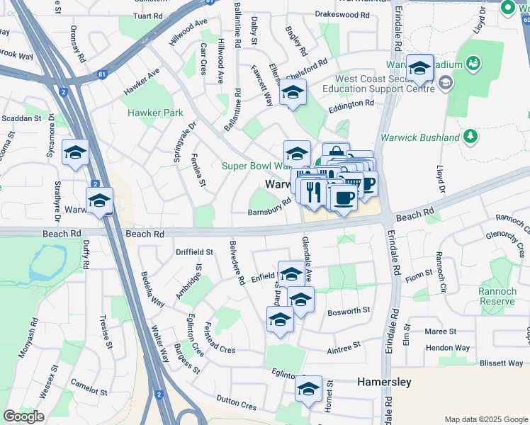 map of restaurants, bars, coffee shops, grocery stores, and more near Barnsbury Road in Warwick