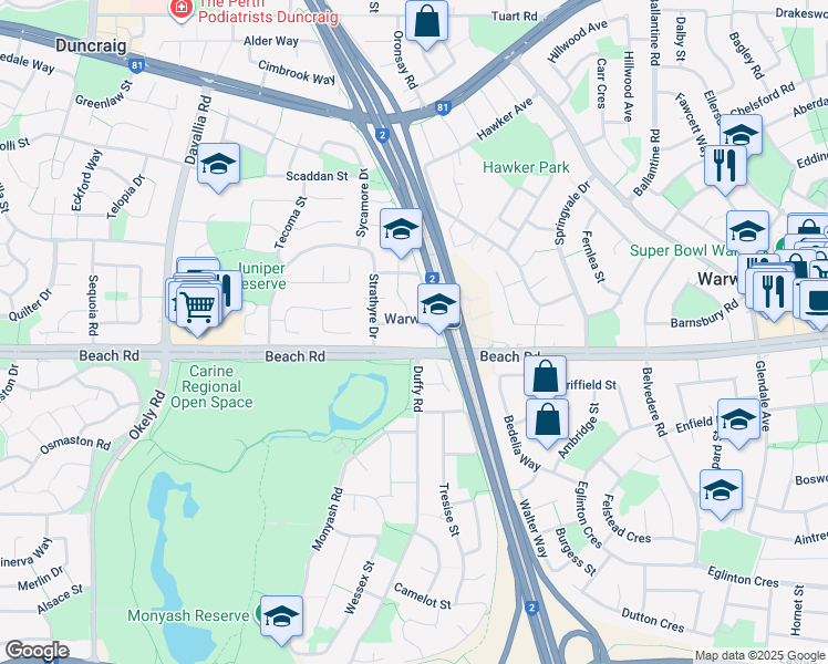map of restaurants, bars, coffee shops, grocery stores, and more near 14 Methuen Way in Duncraig