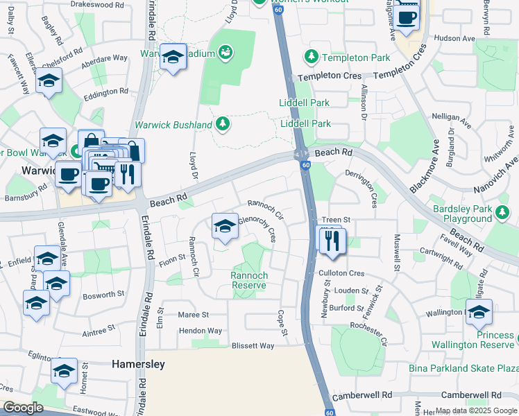 map of restaurants, bars, coffee shops, grocery stores, and more near 82 Rannoch Circle in Hamersley