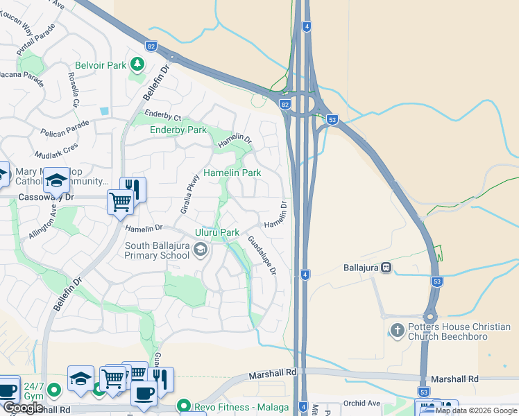 map of restaurants, bars, coffee shops, grocery stores, and more near 1 Talisker Mews in Ballajura