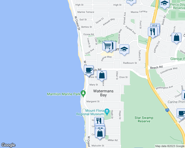 map of restaurants, bars, coffee shops, grocery stores, and more near 13 Elsie Street in Watermans Bay