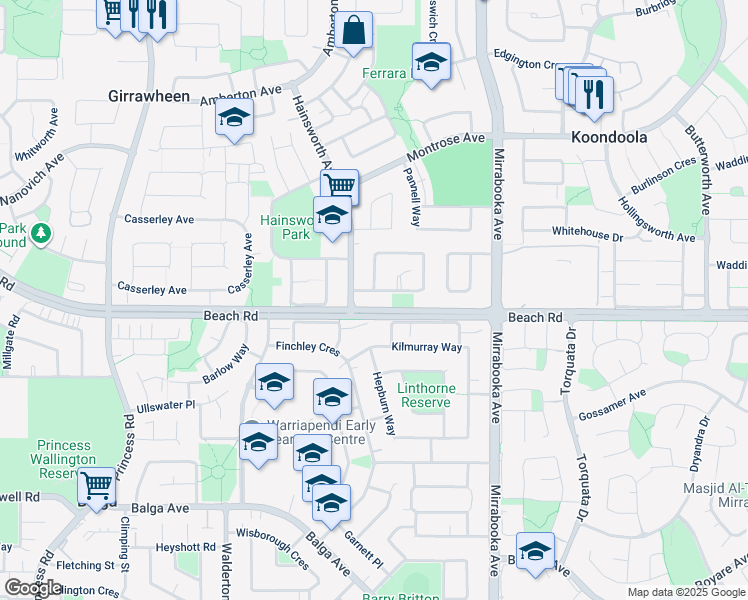 map of restaurants, bars, coffee shops, grocery stores, and more near 71 Tendring Way in Girrawheen