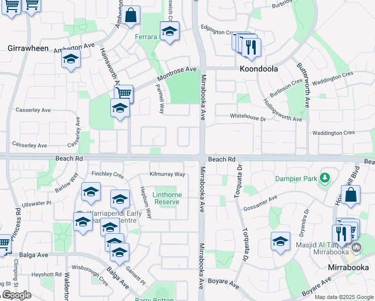 map of restaurants, bars, coffee shops, grocery stores, and more near 43 Golders Way in Girrawheen