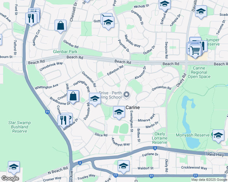 map of restaurants, bars, coffee shops, grocery stores, and more near 12 Etwall Place in Carine