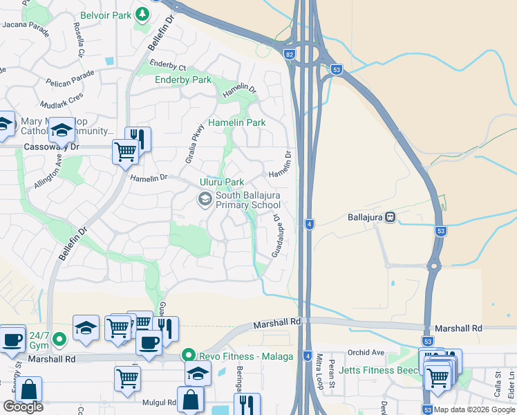 map of restaurants, bars, coffee shops, grocery stores, and more near 6 Groote Gardens in Ballajura