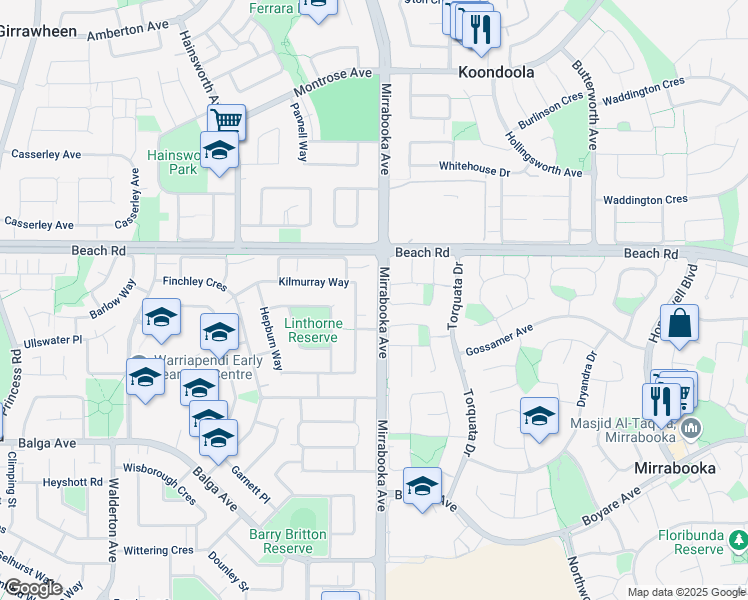 map of restaurants, bars, coffee shops, grocery stores, and more near 273 Mirrabooka Avenue in Balga