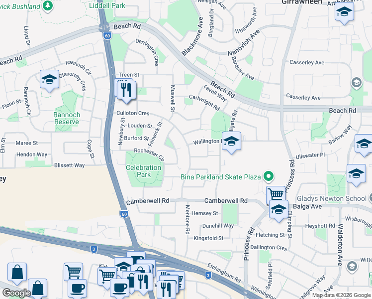 map of restaurants, bars, coffee shops, grocery stores, and more near 92 Culloton Crescent in Balga