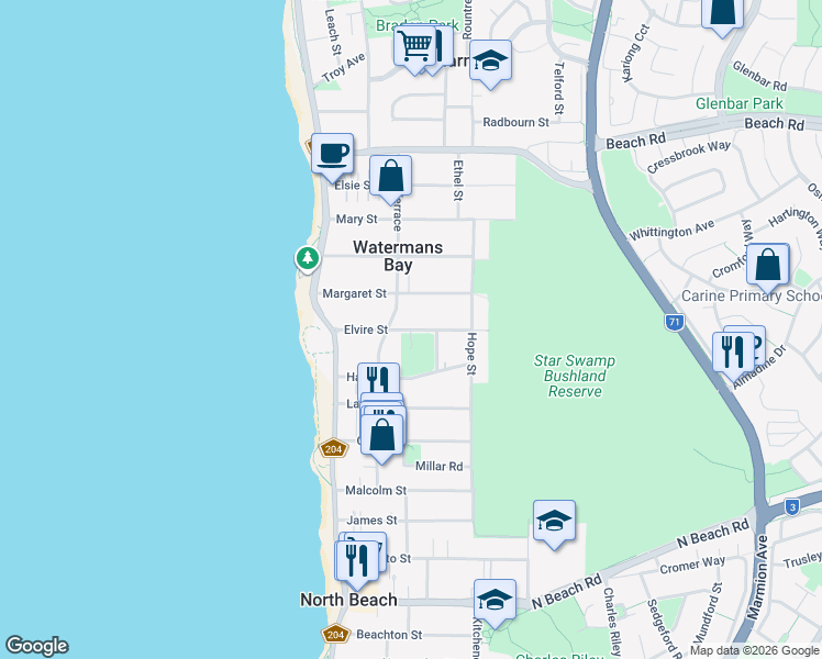 map of restaurants, bars, coffee shops, grocery stores, and more near Elvire Street in Watermans Bay