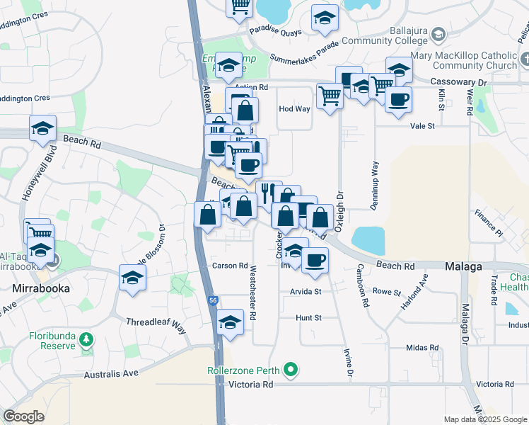 map of restaurants, bars, coffee shops, grocery stores, and more near 1890 Beach Road in Malaga