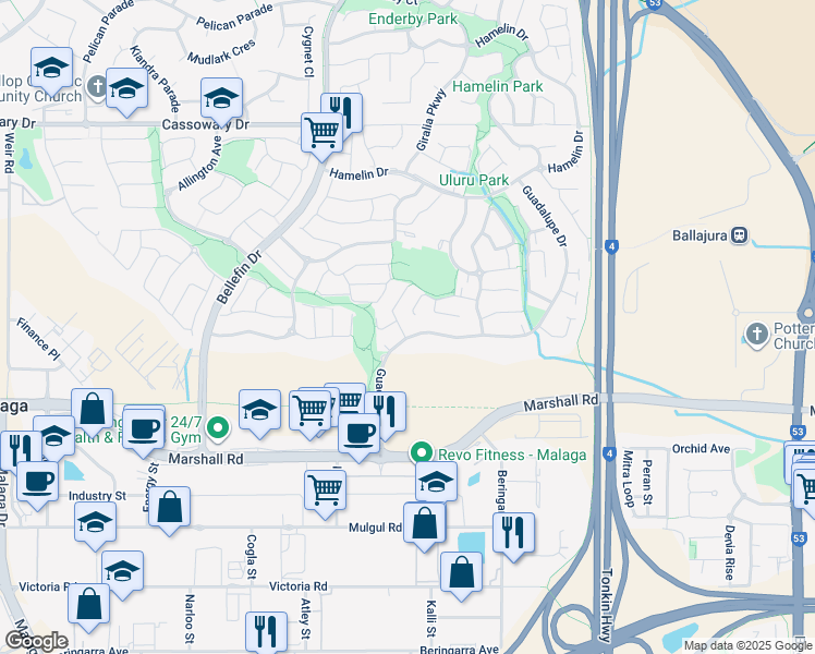 map of restaurants, bars, coffee shops, grocery stores, and more near 4 Yorkshire Dale in Ballajura