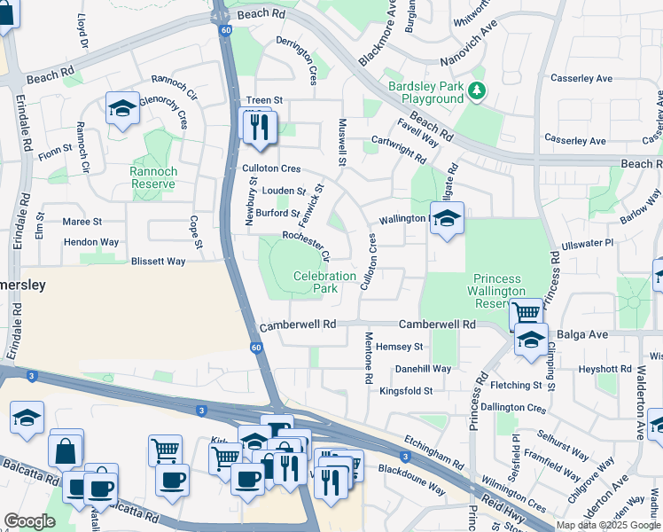 map of restaurants, bars, coffee shops, grocery stores, and more near 2 Birchley Crescent in Balga