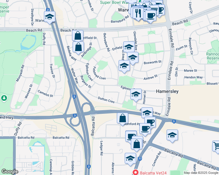 map of restaurants, bars, coffee shops, grocery stores, and more near 76 Eglinton Crescent in Hamersley