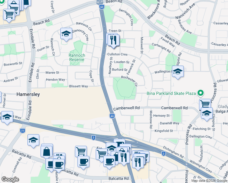 map of restaurants, bars, coffee shops, grocery stores, and more near Rochester Circle in Balga
