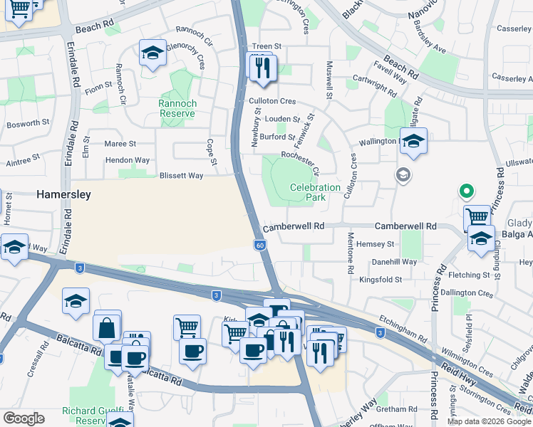 map of restaurants, bars, coffee shops, grocery stores, and more near 103 Rochester Circle in Balga