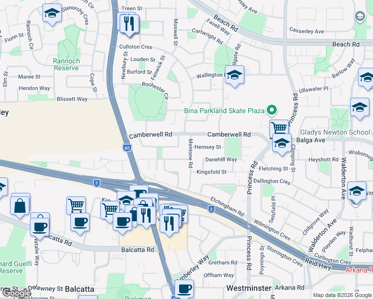 map of restaurants, bars, coffee shops, grocery stores, and more near 31 Mentone Road in Balga
