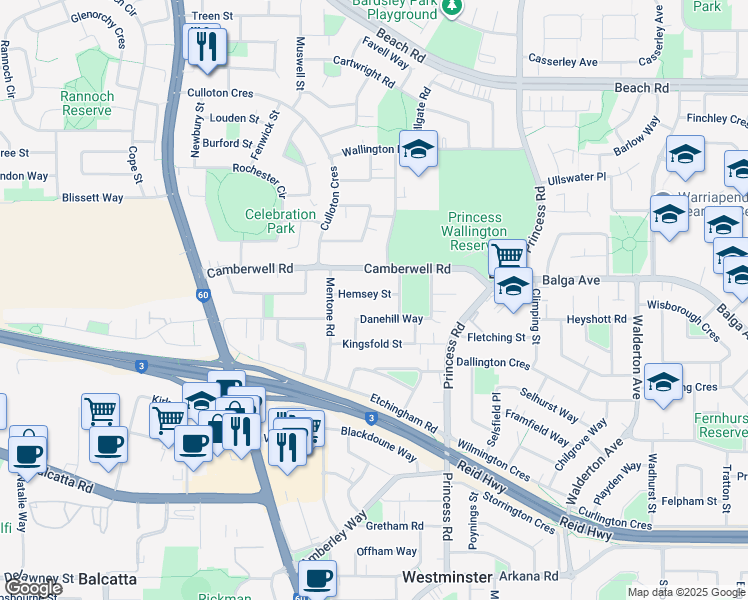 map of restaurants, bars, coffee shops, grocery stores, and more near 18 Hemsey Street in Balga