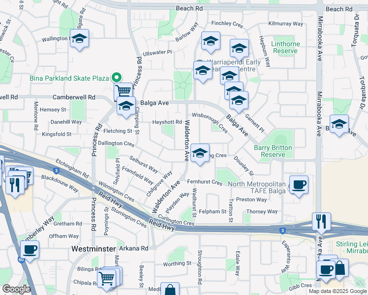 map of restaurants, bars, coffee shops, grocery stores, and more near 77 Walderton Avenue in Balga